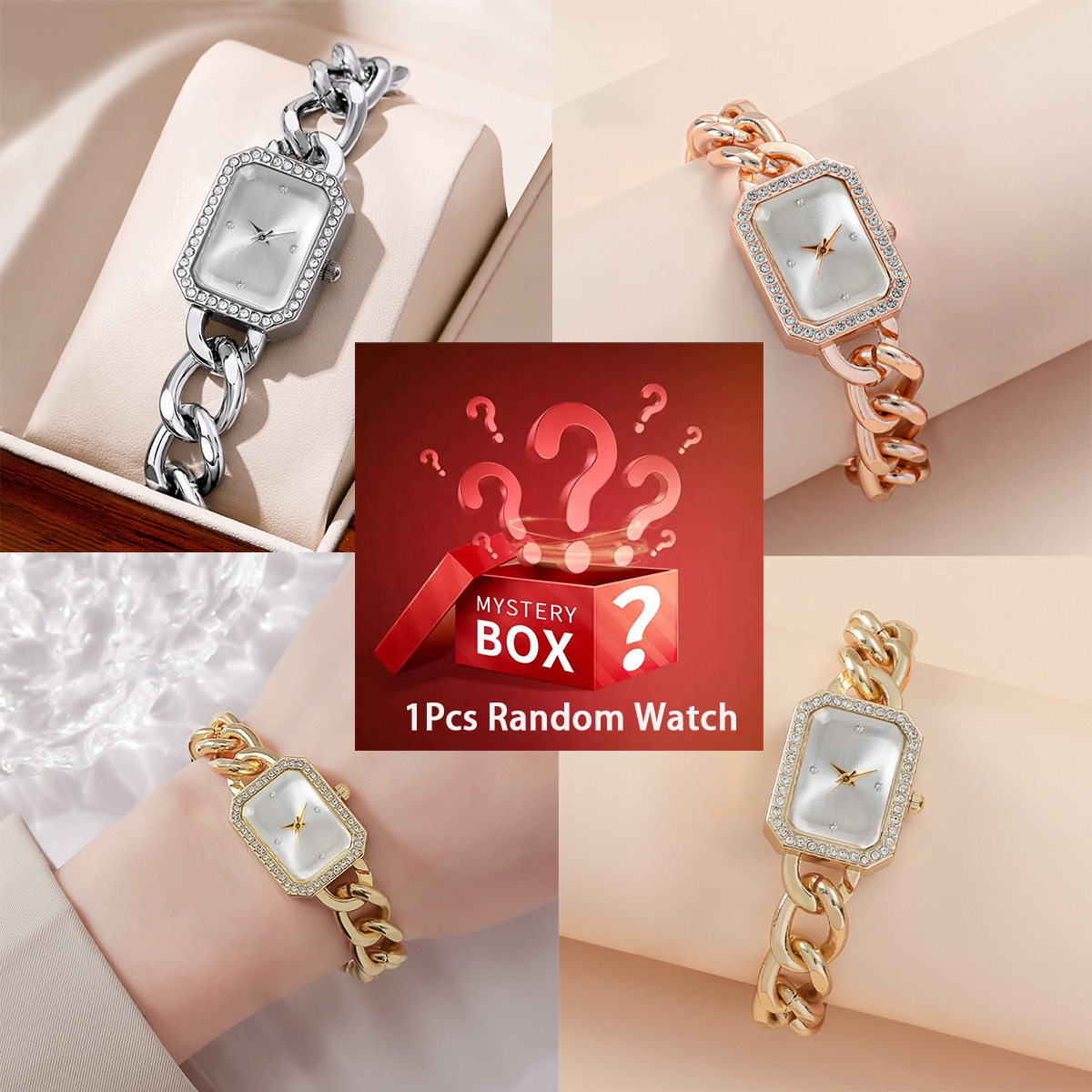 Steel Chain - กล่องสุ่มประกอบด้วยนาฬิกาควอตซ์สีสุ่ม 1 เรือน พร้อมสายข้อมือ นาฬิกาข้อมือกรอบเพชร นาฬิกาแบบกล่องสุ่ม