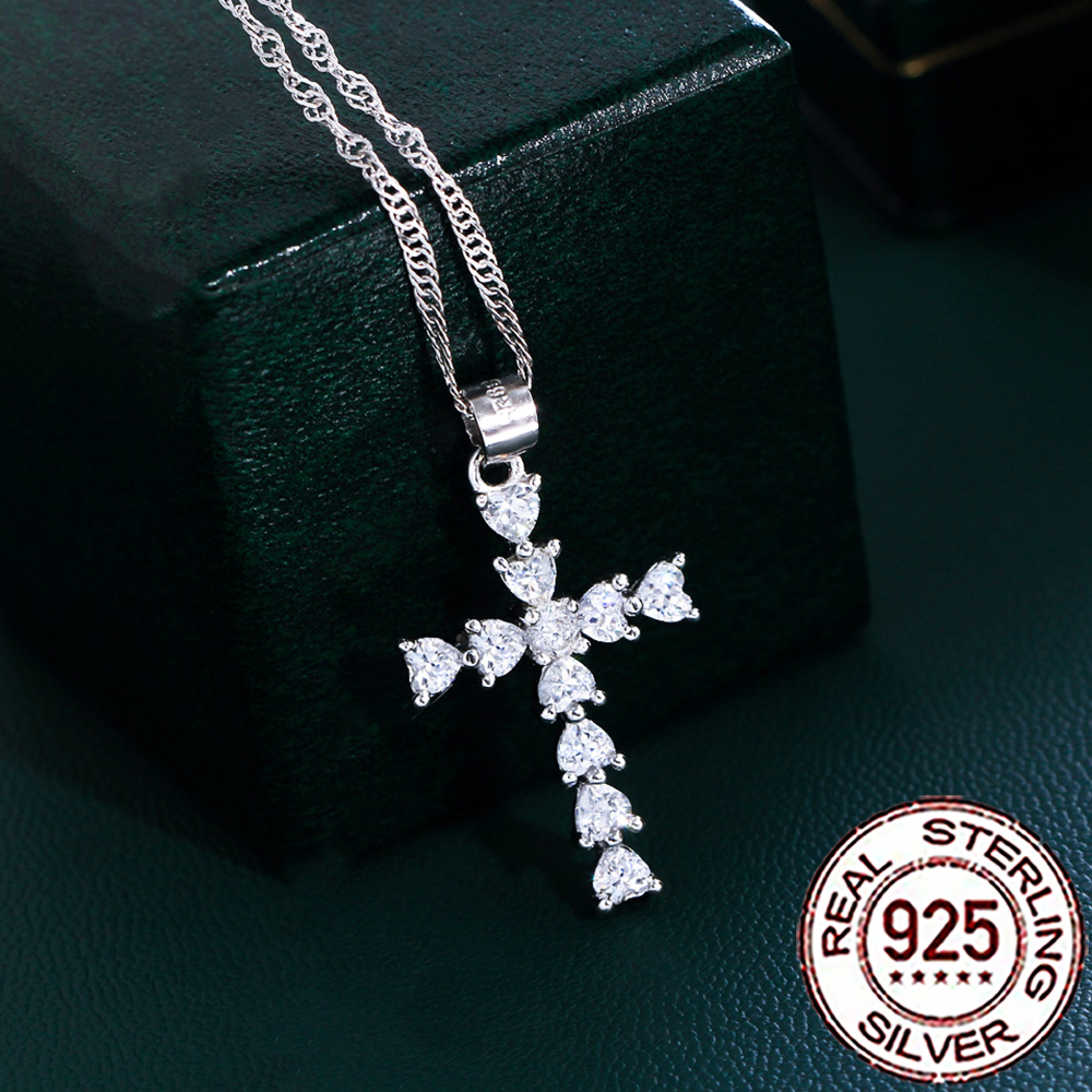 Xcm Chain - ซีดับเบิลยูซีร์คอนส์ 925 เงินสเตอร์ลิงหัวใจเงา CZ หินครอส ดีไซน์สร้อยคอสำหรับผู้หญิงเครื่องประดับเครื่องแต่งกายสำหรับงานปาร์ตี้