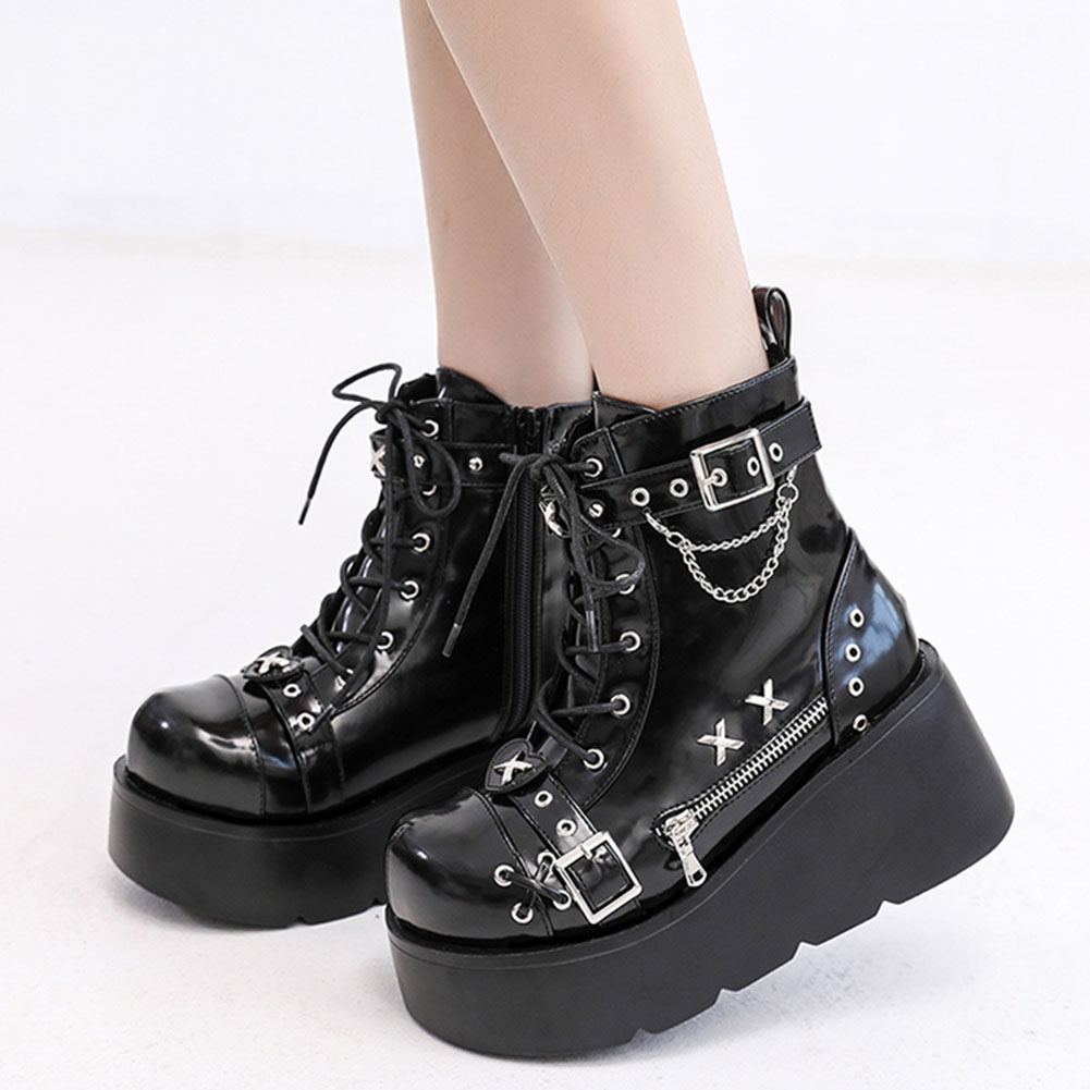 Motorcycle Chain - ใหม่เอี่ยมสุภาพสตรี Goth ข้อเท้ารองเท้าแฟชั่นหัวเข็มขัด Zip Rivet Punk